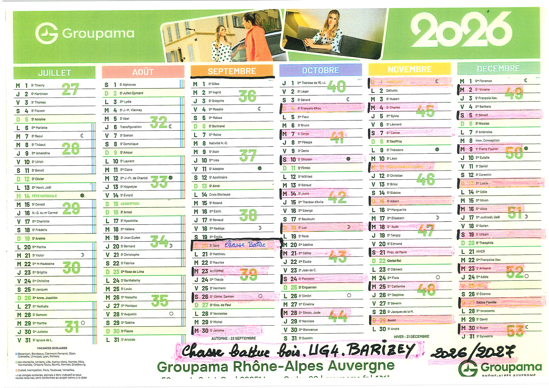 Calendrier de la chasse de Barizey